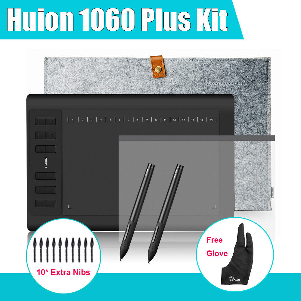 2 Pens Huion 1060 Plus Graphic Drawing Digital Tablet w/ 8G SD Card 12 Express Key + Protective Film +15" Liner Bag+Parblo Glove